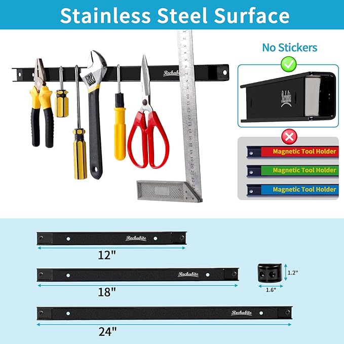 12" 18" 24" Magnetic Tool Holder Strip, Black Magnet Bar, Metal Tool Organizer Rack for Garage Organization, Easy To Install in Workshop, Mounting Screws Included