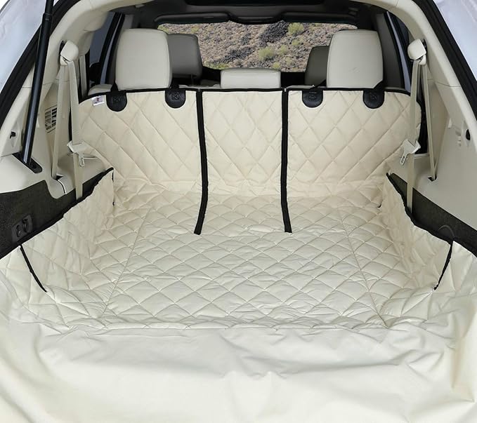 4Knines SUV Cargo Liner for Dogs, Trunk Mat for SUV, Durable Cargo Cover, Protector – Compatible with 60/40 Split Bench & Armrest Pass-Through, Waterproof, Machine Washable, Non-Slip (Small, Tan)