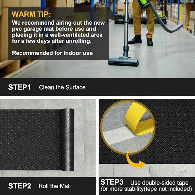 7.5x20 FT Garage Floor Mat, 2.8mm Thickened Flooring Roll with 20Pcs Tapes, Diamond Plate PVC Rubber Trailer Mat, Non-Slip Floor Protector Mat for Garage, Warehouse, Gyms, Trailer(Matte Black)