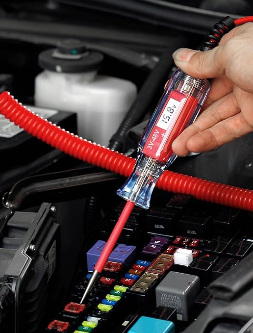 Heavy Duty 3-48V Automotive Circuit Tester with Backlit Digital LCD Voltage Display, DC Test Light with 140 Inch Extended Spring Wire, Car Truck Battery Tester with Stainless Probe