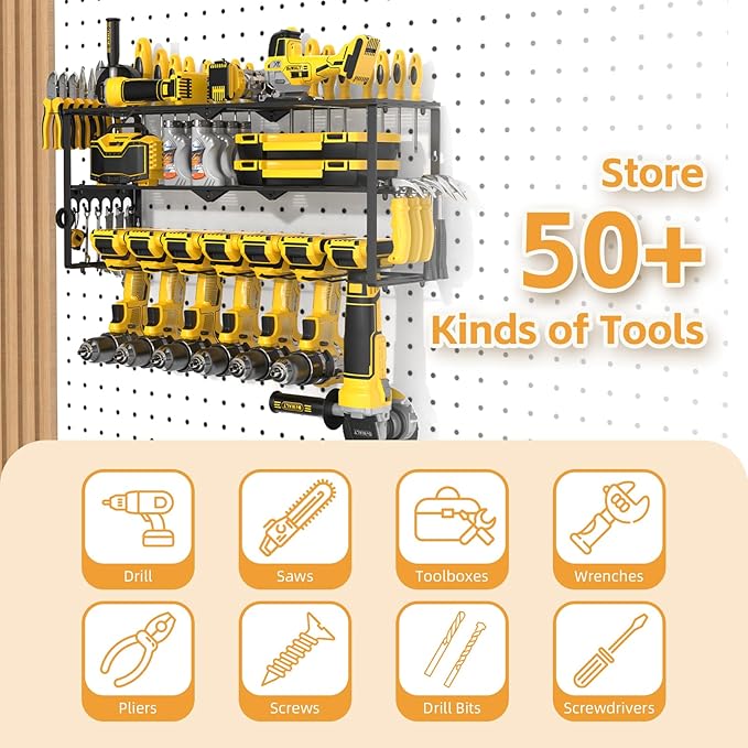 Power Tool Organizer Wall Mount Cordless,15 Min Fast Install Metal Garage Tool Storage Organizer Heavy Duty 3 Layers 7 Drill Power Tool Holder Storage Rack Tool Shelf Wall Mount for Shop Organization