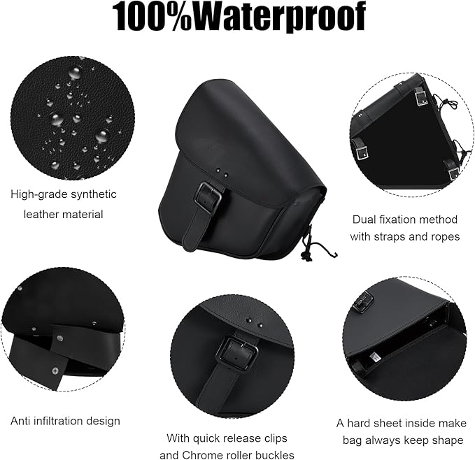 Gargoyle Bells Solo Saddle Bags - PVC Waterproof Motorcycle Luggage for Sportster Softail (Left Side, Black-Single Buckle)