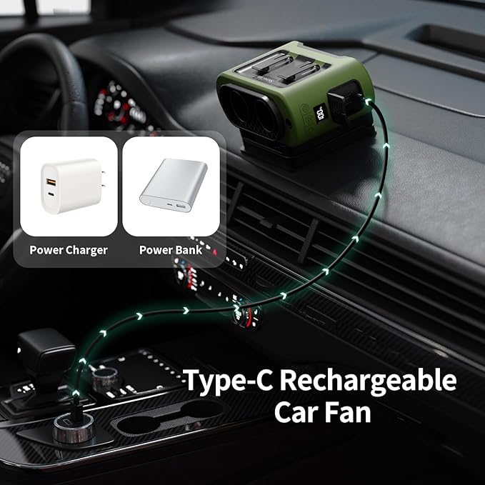 Socool Portable Car Fan - 14500mAh Rechargeable Battery Opearated, Clip on Car Seat Headrest 360 Rotatable, 5-Speed Backseat Fans for Baby Rear Facing Cooling with Dual Air Outlets for SUV RV Truck