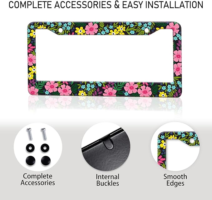 Floral License Plate Frame, Flowers License Plate Holder Covers, Metal Aluminum Rustproof Car Accessories for Us Canada Standard Women Men 2 Holes with Screw Caps
