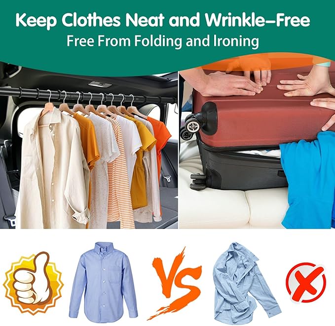 Car Clothes Hanger Bar, Heavy Duty Telescopic Clothes Rod for Cars 30–62 Inches, Wrinkle Free Clothes Rack for Sedans, SUVs, Trucks, and Most Other Vehicles, Suitable for Daily and Travel Use