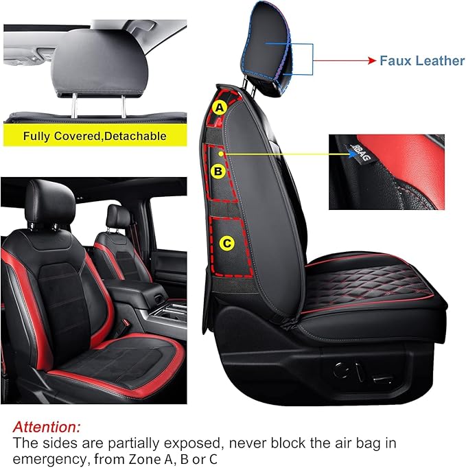 LUCKYMAN CLUB F150 Faux Leather Seat Covers Fit for 2015-2025 F150 and 2017-2025 F250 F350 F450 Pickup Trucks(Full Set, Black&Red)