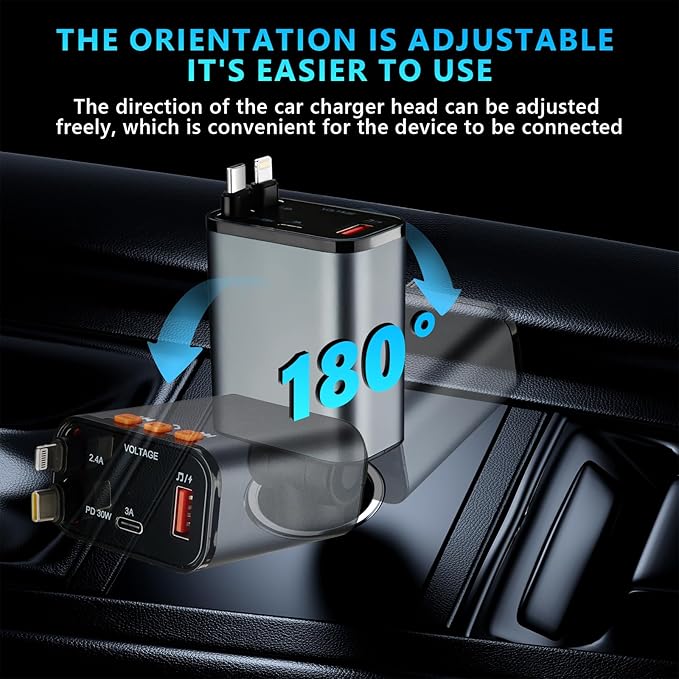Retractable Car Charger,5 in 1 Fast Cars Phone Charger 60w,Bluetooth 5.3 FM Transmitter Adapter,Handsfree Call,MP3 Player,2 Retractable Cables and USB Chargers, for Phone,Galaxy,Pixel (Black)