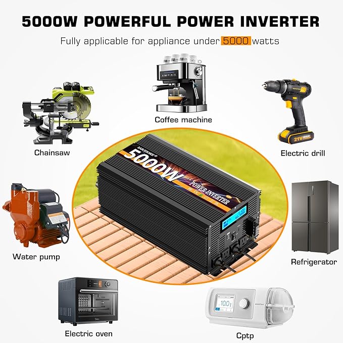 5000 Watt Power Inverter 12V DC to 110V 120V Converter for Family RV Off Grid Solar System Car with Type-C Ports 3 AC Power Outlets Dual USB Ports LCD Display Wireless Remote Control