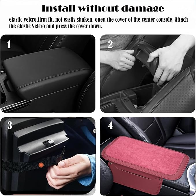 Arm Rest Cover for Car with 2 Storage Bags, Central Console Cover Armrest Pad, Suede Leather, Auto Interior Accessories for Most Vehicles, All-Season Comfort, Red