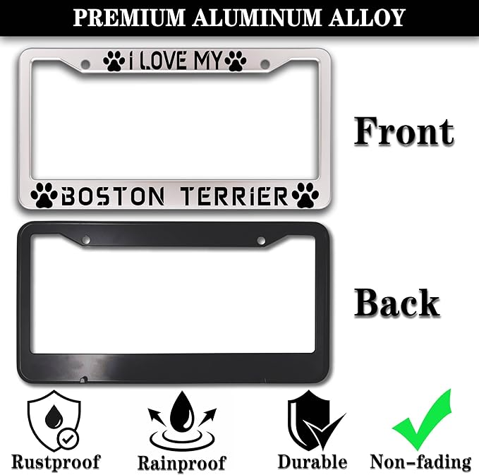 License Plate Holder Black and White License Plate Frames I Love My Boston Terrier Aluminum Metal Car Accessory 2 Pack with Screw Covers Set