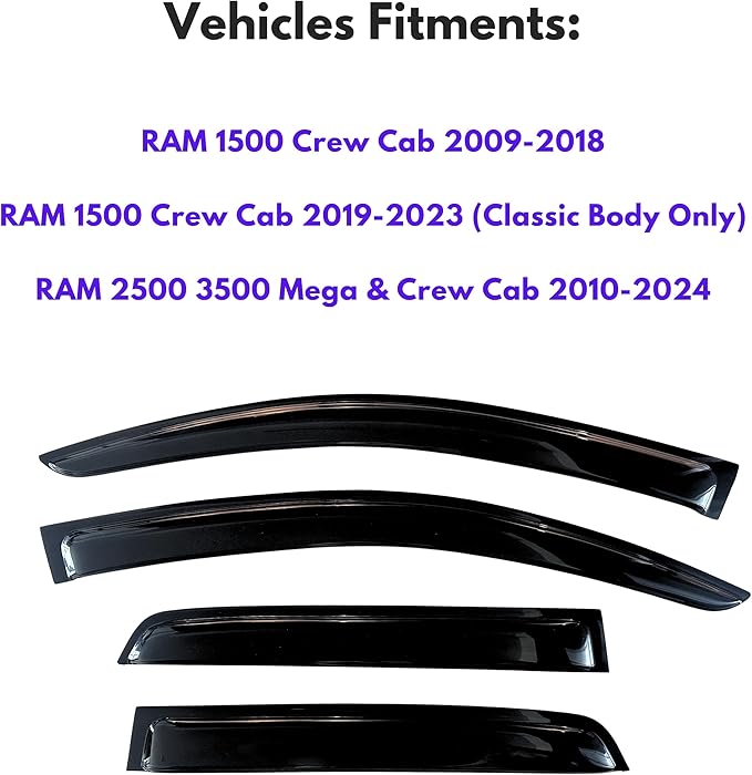 KPY Window Visor Compatible with 2009-2018 Ram 1500 Crew/Mega Cab, Rain Guard Vent for 2010-2024 Ram 2500 3500, 2019-2023 Ram 1500 Classic Body, 2011 2012 2013 2014 2015 2016 2017 2021 2022 2023