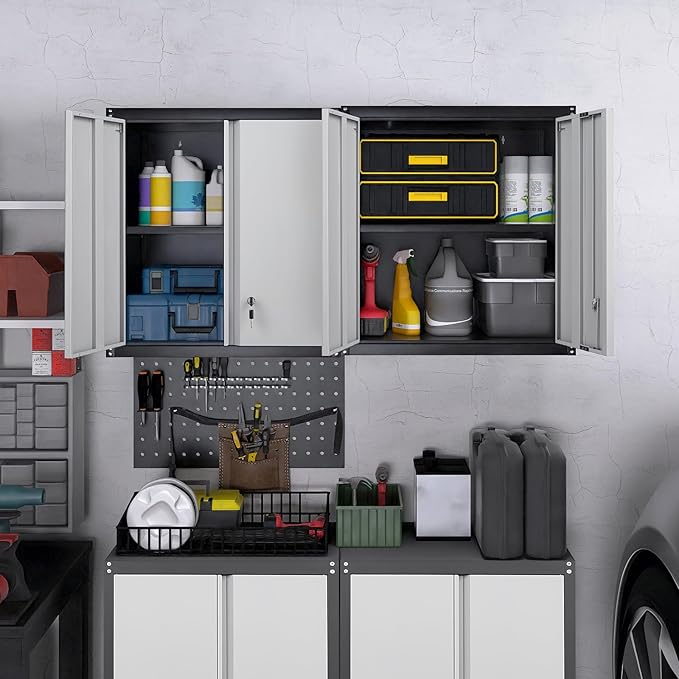LUCYPAL Garage Wall Cabinet,Metal Wall Storage Cabinet with Adjustable Shelf and Locking Doors,Floating Utility Cabinets for Warehouse/Basement/Kitchen (Black&Grey,27.95" H)