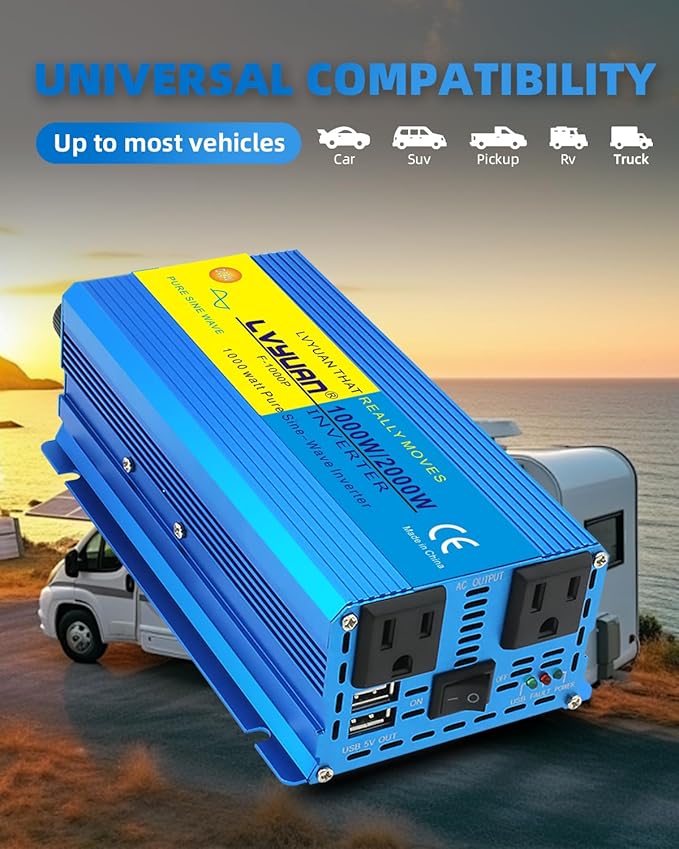LVYUAN 1000 Watt Pure Sine Wave Inverter 24V to 110V / 120V DC to AC with U.S. Outlet, USB Charger Ports, Car Power Inverter for Vehicles, RV, Outdoor, Home