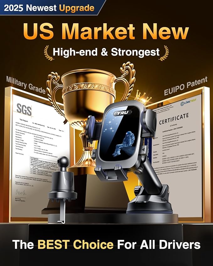 YRU True Military-Grade & 360 Degrees Rotatable Suction 2025 Ultimate Car Phone Holder Mount 90+LBS Safest Strongest Patent Certs Dashboard Windshield Vent for iPhone 16 15 Pro Max Samsung Dark Black