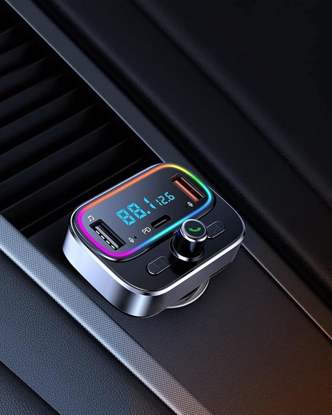 Bluetooth FM Transmitter for Car Wireless Radio Adapter Kit, Hands-Free Calling Dual Microphone, Fast Charging 18W & PD 20W for All Smartphones Audio Players, Supports TF/SD Card and USB Disk