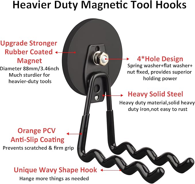 ULIBERMAGNET Magnetic Hooks - Heavy Duty Power Tool Organizer with Large Magnets, 2 Pack for Drill & Garden Tool (Black)
