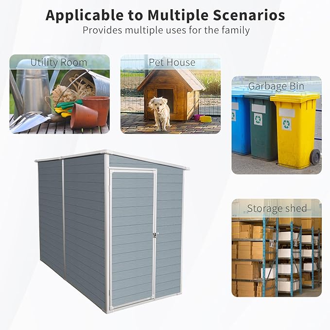 4x8 FT Outdoor Storage Resin Shed with Floor,Waterproof Plastic Garden Bike Shed with Lockable Door, Sloped Roof, Vents & Windows, Easy Assembly Tool Shed for Lawn, Backyard, Patio, Grey