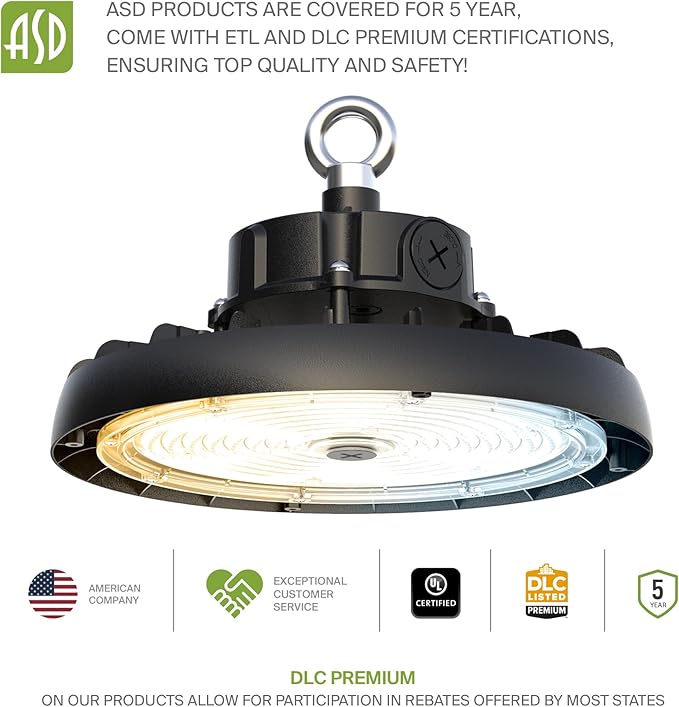 ASD LED High Bay UFO Light Fixture, Commercial Shop Lighting | 3CCT, Dimmable, IP69K Waterproof, DLC Premium, UL Listed | 200W 31900LM 3000-5000K 100-277V | Warehouse, Garage, Workshop Lamp | Black