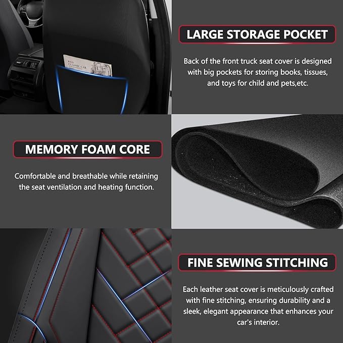 BABYBLU Chevy Chevrolet Silverado GMC Sierra Car Seat Covers Fit 2007-2023 2024 2025 1500/2500HD/3500HD (Black & Red, Full Set)