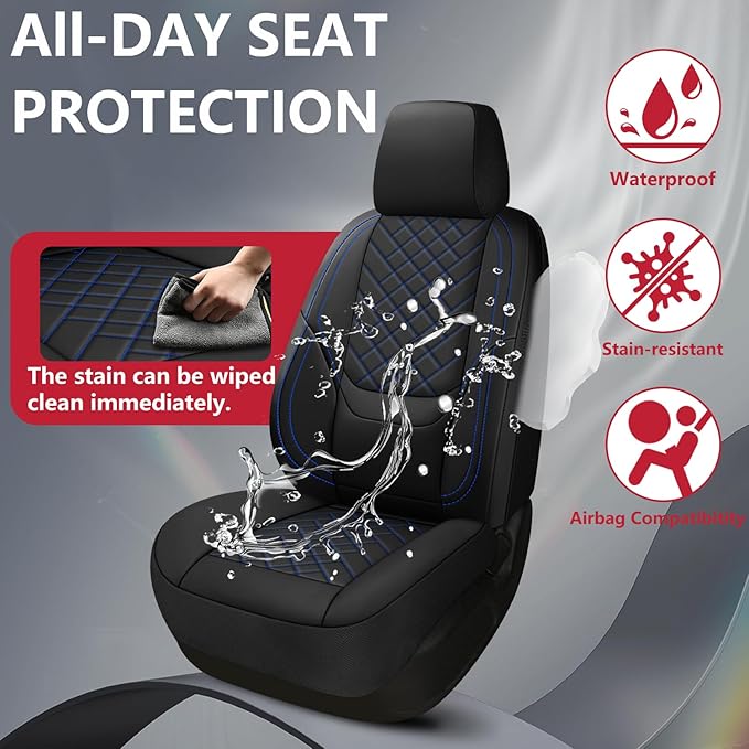 Chevy Chevrolet Silverado GMC Sierra Car Seat Covers Fit 2007-2023 2024 2025 1500/2500HD/3500HD (Black & Blue, Full Set)