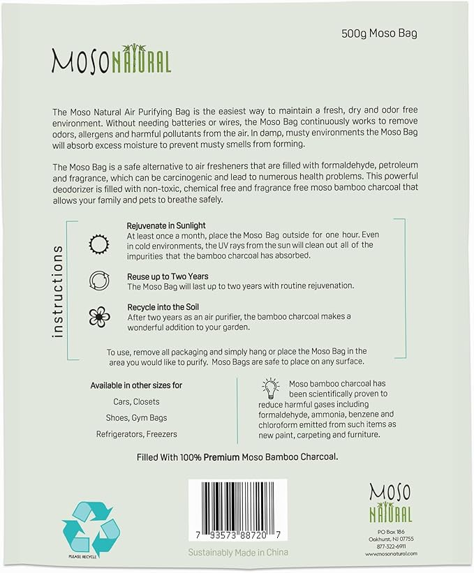 Moso Natural Air Purifying Bag 500g (2 Pack) Premium Bamboo Charcoal Odor Absorber for Home, Bedroom, Kitchen, Basement | Unscented Pet Odor Eliminator | Large Charcoal Deodorizer Bag Covers 250sqft