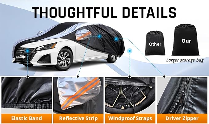 Altima Car Cover Waterproof All Weather with Silver Strip Design, Custom Fit for Altima 2005–2025, Altima Accessory with Door Zipper & Windproof Straps