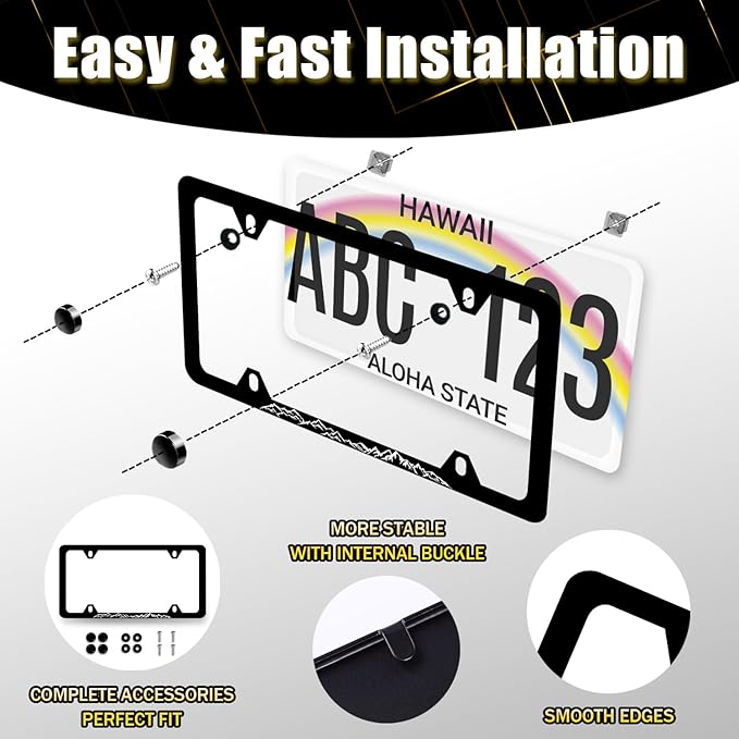 Mountain License Plate Frame Mountain License Plate Holder Stainless Steel Black Funny License Plate for USA Canada 6.3" X 12.3" with 4 Holes and Screws
