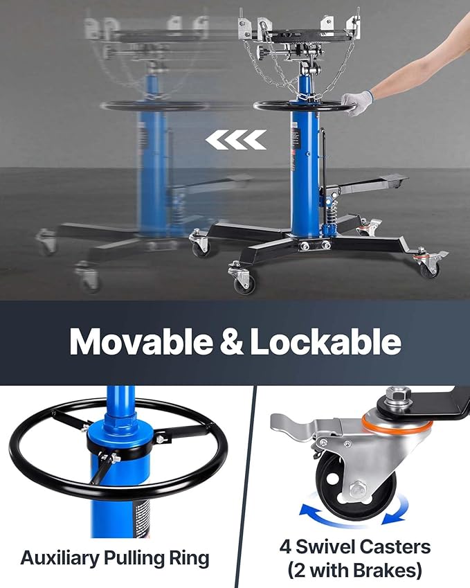 VEVOR Transmission Jack, 33"-67" High Lift, 1100 lbs Hydraulic Telescoping Transmission Jack, 2-Stage Transmission Stand 1/2 Ton Capacity with Foot Pedal, 360° Swivel Wheel, Garage/Shop Lift Hoist