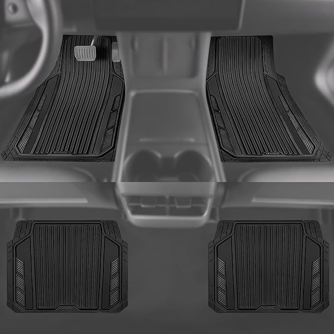 CAR PASS Heavy Duty Sporty Rubber Car Mats, Deep Dish All Weather Car Floor Mats Full Set, Waterproof Anti-Slip Automotive Matts Rugs Trim to Fit for Most Sedans SUVs Vans, All Black
