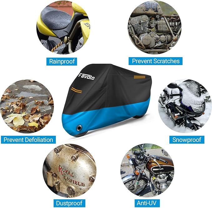 Favoto Motorcycle Cover 104 inches Length All Season Universal Weather Waterproof Rain Sun Outdoor Protection Night Reflector with Lock-Holes & Storage Bag Motorbike Vehicle Cover, Blue