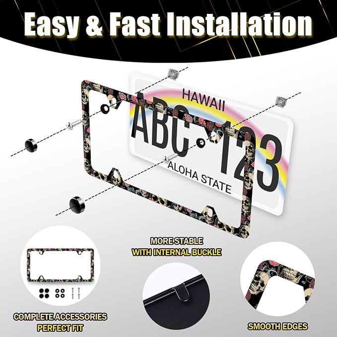 Skulls Flowers License Plate Frame Colorful Skull License Plate Stainless Steel Funny Accessories Cars Decor 12.2 X 6.2 Inch with 4 Holes and Screws Fits Standard Us Ca Vehicles