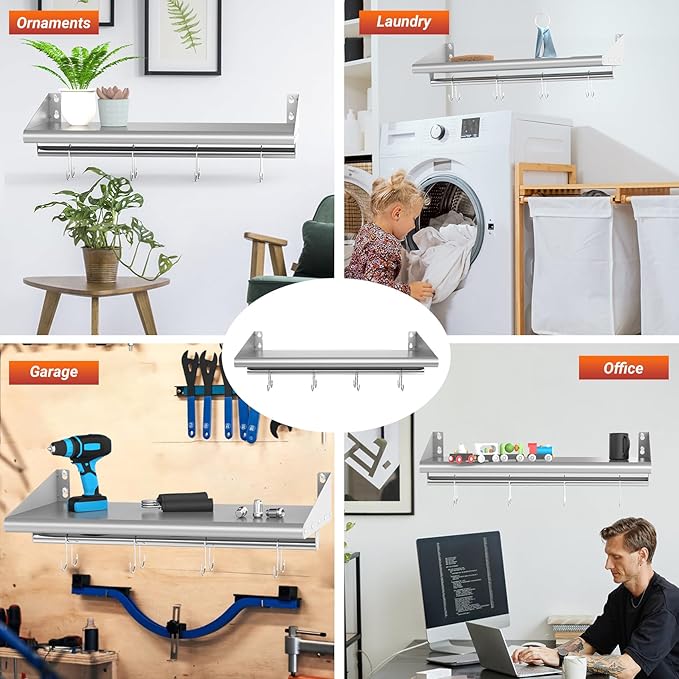 Skyflame 12" x 24" Stainless Steel Shelf with 4 Hooks, Wall Mounted Floating Shelving Storage Rack for Restaurant, Kitchen, Bathroom, Office
