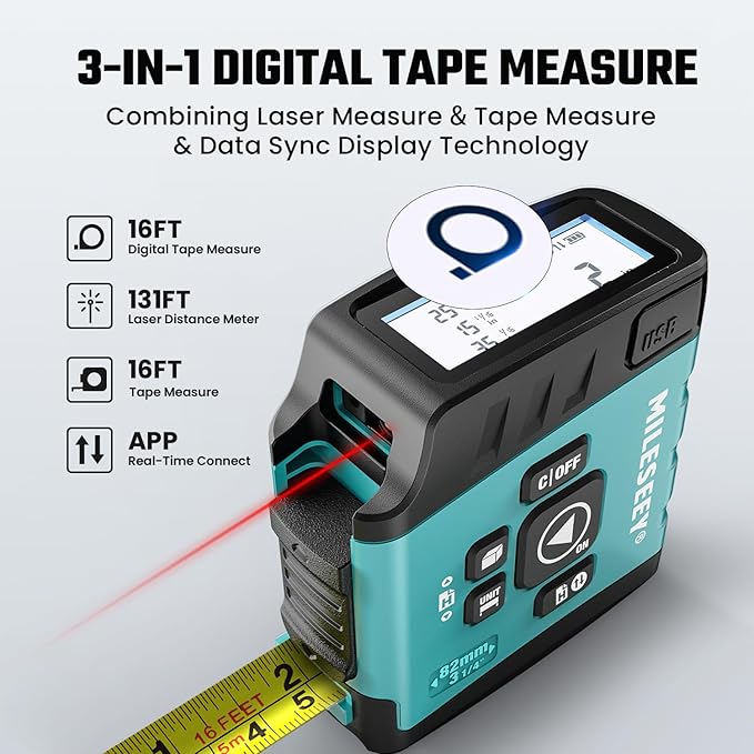 MiLESEEY DT20 Laser Tape Measure 3-in-1, 130FT Laser Distance Meter, 16FT Digital Tape Measure, Regular Tape Measure, Area Volume Measuring Pythagorean Mode, Waterproof and Rechargeable