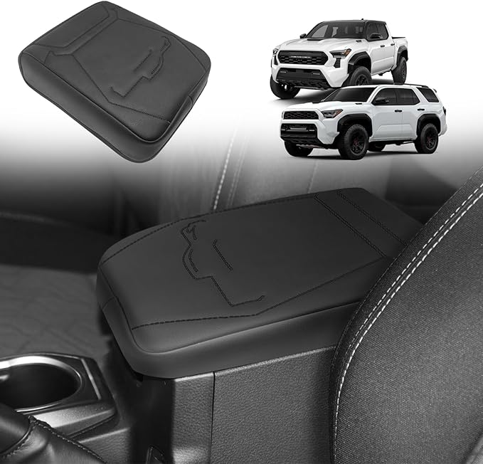 Muslogy Center Console Armrest Cover Compatible with 2024 Toyota Tacoma 2025+ 4Runner Accessories Armrest Lid Protector Vegan Leather Cushion Regular Thick(Black/Black Stitching)