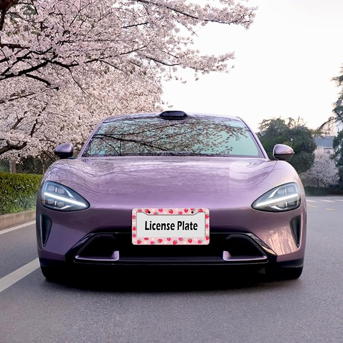 Cute Strawberry Printed License Plate Frame, Strawberry and Flowers Frames Holder Covers, Metal Aluminum Rustproof Car Accessories for Us Canada Standard Women Men 2 Holes with Screw Caps