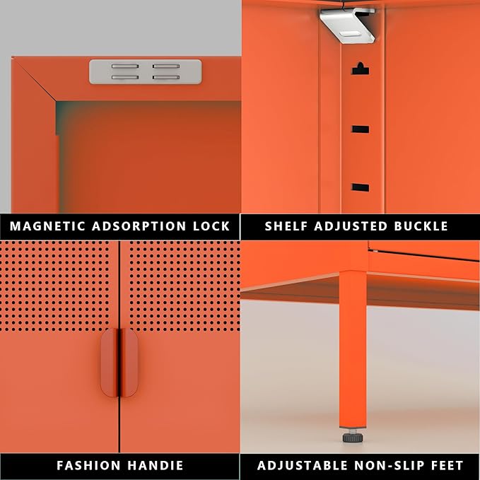 2 Mesh Door Metal Cabinet with Adjustable Shelves, Multipurpose Orange Storage Cabinet, 3-Tier,Metal Storage Cabinet for Office Home,Hallway(Orange, 47''H)