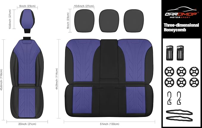 CAROMOP Luxury Faux Leather&Fabric Car Seat Covers Full Set with Breathable 3D Foam Back Support,Universal Comfortable Seat Covers for Cars,Trucks,SUVs, Front Armrests Compatible(5-Seat Black/Blue)