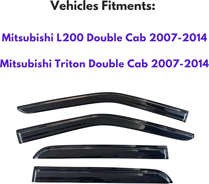 KPY Window Visor Compatible with Mitsubishi L200 & Triton Double Cab 2007-2014, 4PC Rain Guard Side Window Vent Deflectors Tape-On Mugen Style, 2007 2008 2009 2010 2011 2012 2013 2014