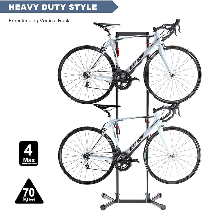 teraysun Indoor 4 Bike Storage Rack, Adjustable Arm Hook for Mountain, Road Bicycles, Beach Cycle, and Fat Tire Bikes, Freestanding Mount Home & Garage Vertical Bike Floor Stand Hold Up to 154lbs