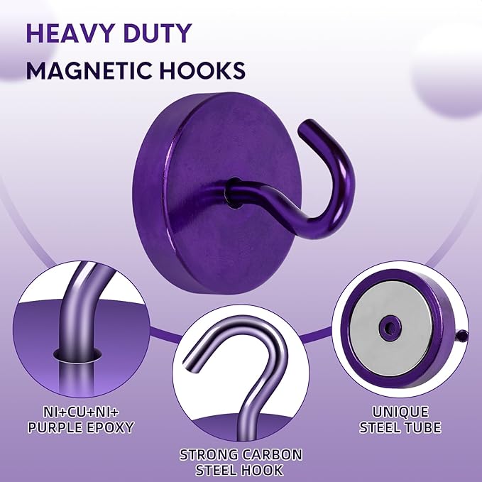Neosmuk Magnetic Hooks, Cruise Ship Essentials, 100lb+ Heavy Duty Magnetic Hooks for Cruise Cabins, Refrigerator, Grill, Hanging, and Travel | Extra Strong Must-Haves Magnet Hook,Purple