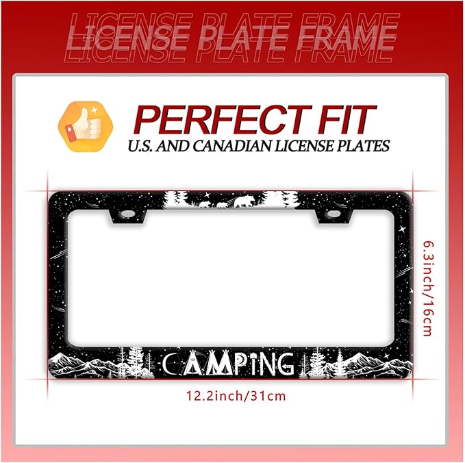 Camping License Plate Frame Forest Mountains License Plate Holder Funny Stainless Steel Accessories Cars Decor with 2 Holes and Screws Fits Standard Us Ca Vehicles License Plate Frames 12.2 X 6 Inch