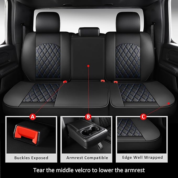 MIROZO Dodge Ram Seat Covers,Waterproof Truck Seat Covers Fits for 2009-2025 Ram 1500 2500 3500 Crew Quad Regular Cab Pickup Cushions with Split Bench 40/60(Black and Blue,Full Set Flat Back)