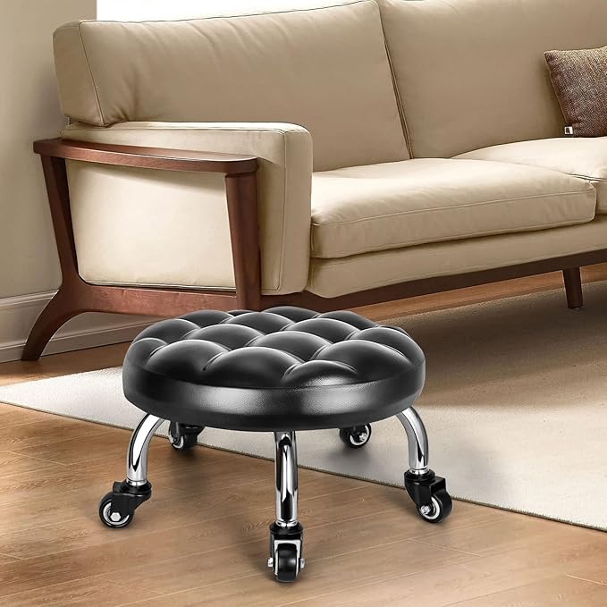 Low Rolling Stool, Low Stool with Wheels, PU Leather Low Roller Seat Stool Chair, Rolling Seat Stool for Home Office Garage Shop (Style 1)
