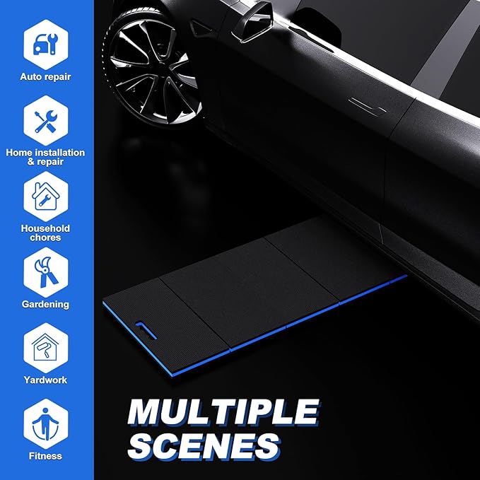 Thick Mechanic Mat, Foldable EVA Mat with Magnetic Tool Compartments, Waterproof Mechanic Kneeling Pad with Handle for Garage Workshop Repairing Gardening, 46.5" x 15.8" x 1.1 ", Black & Blue