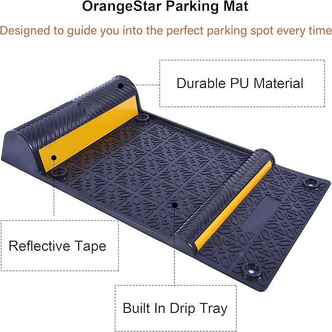 OrangeStar 4 Pack Parking Guide Mat, 21” Heavy Duty PU Wheel Stopper w/Reflective Stripe for Garage Vehicles, Indoor/Outdoor Use, Black