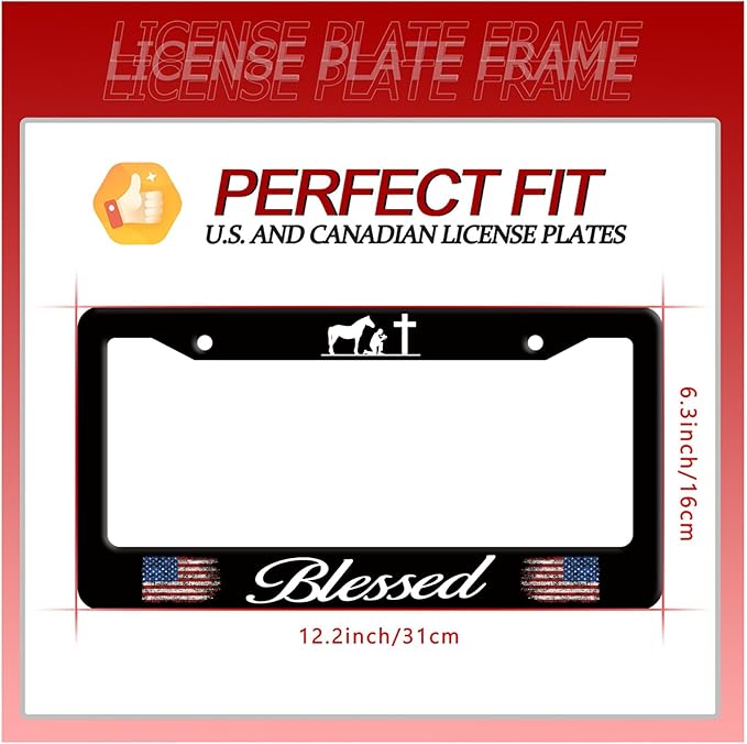 Blessed American Flag License Plate Frame Cross Pray for US License Plate Frames Stainless Steel Accessories Cars Decor with 2 Holes and Screws Fits Standard US CA Vehicles Size 12.2 x 6 Inches