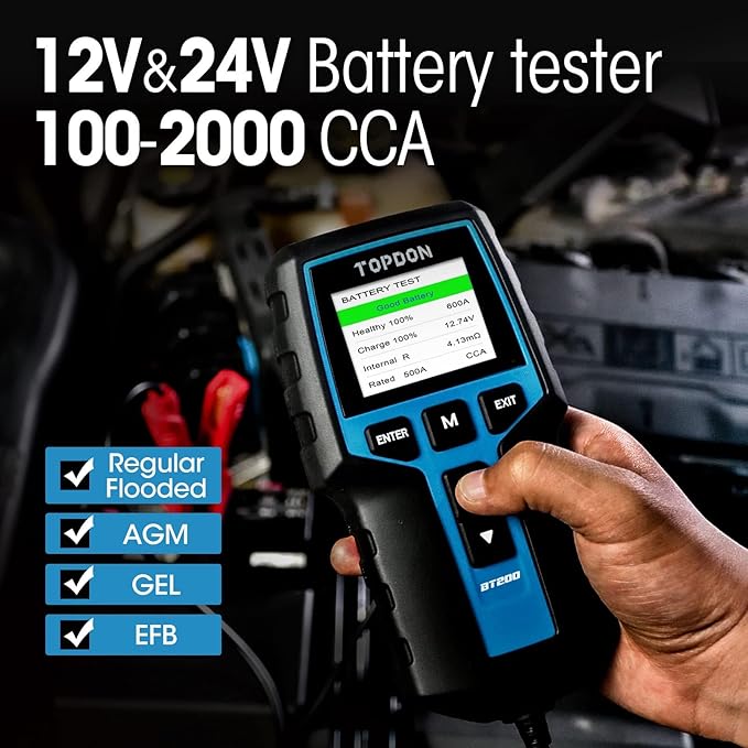 Car Battery Tester 24V 12V Load Tester, TOPDON BT200 100-2000CCA Automotive Alternator Tester Digital Auto Battery Analyzer Charging Cranking System Tester for Car Truck Motorcycle ATV SUV Boat Yacht