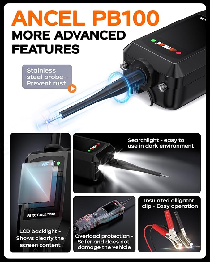 ANCEL PB100 Automotive Power Circuit Probe Tester, 12 24V Electrical Short/Open Breaker Finder, AC DC Diode Resistance Relay Tester, Continuity Test Digital Multimeter/Ohmmeters, 20 + 20FT Cable