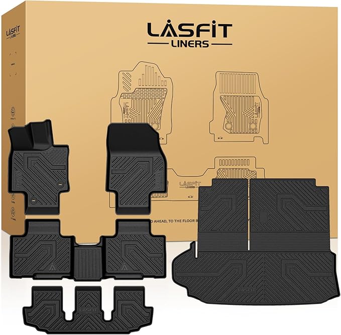 LASFIT Floor Mats & Cargo Mat for Toyota Highlander 2020-2025 (Fit Hybrid, 7&8Seats), All Weather Fit TPE Floor Liners, 3 Rows & Cargo Liner Back Seat Cover for Highlander car mats(Not Subwoofer)