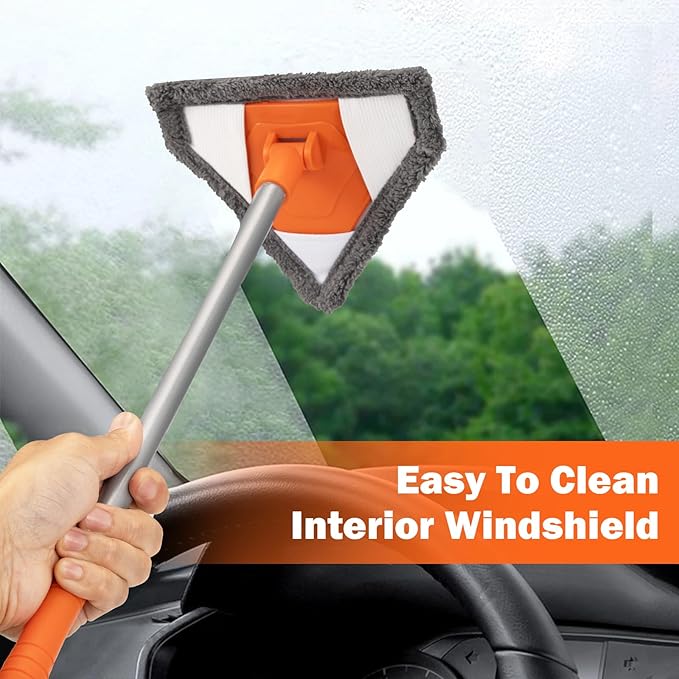 Conliwell Windshield Interior Cleaner Tool - Auto Glass Wash Brush with 2 Washable and Reusable Microfiber Pads | Car Accessories Interior Cleaning Kit for Trucks, SUVs, RVs & Home Windows